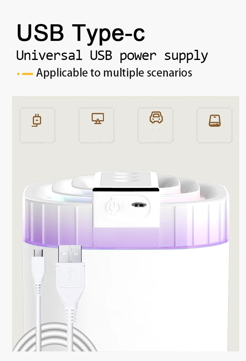 Humidificador de ar ultrassónico de 3L com névoa fria, luz noturna e três bicos, humidificador aromático USB silencioso para casa