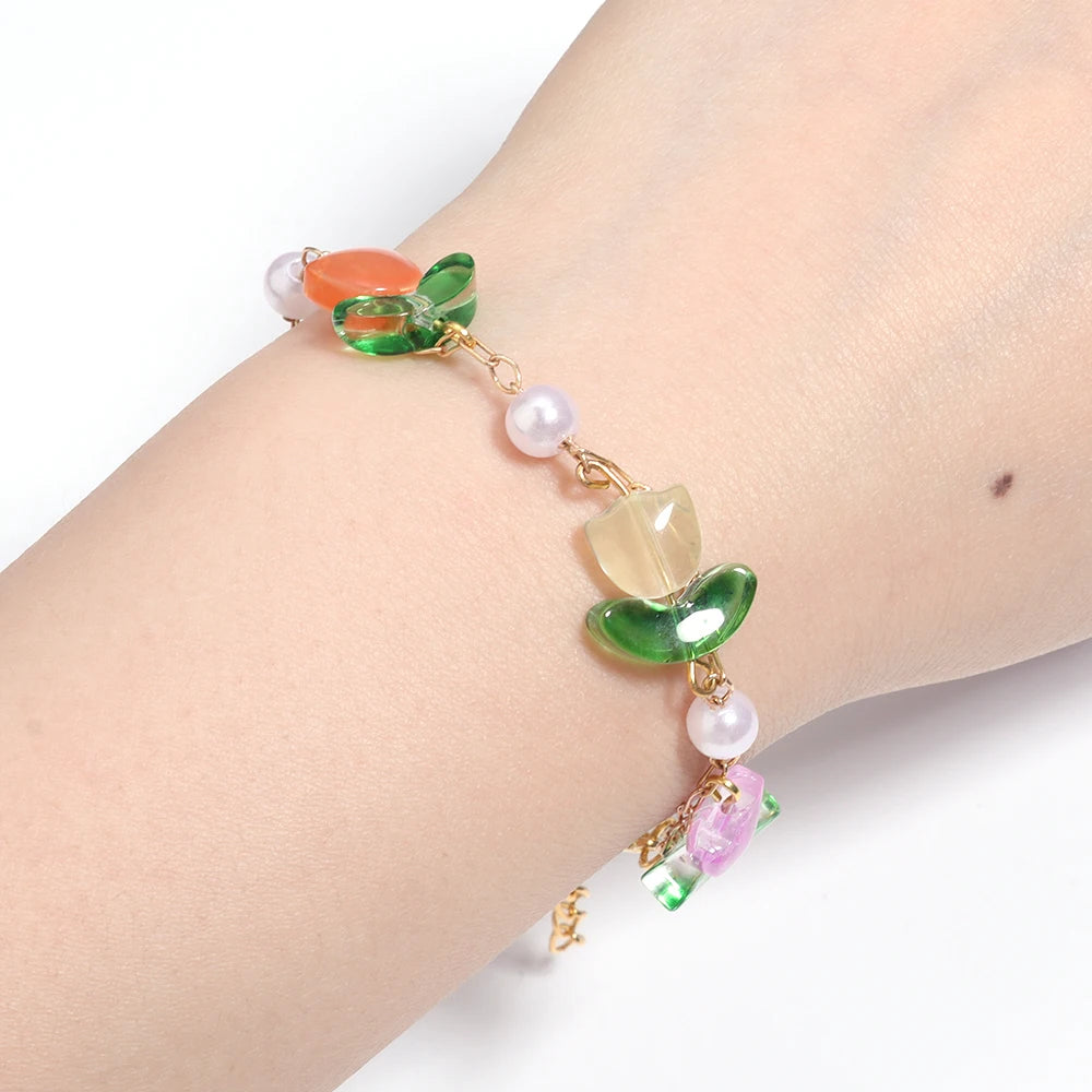 50pcs Tulip Flower Lampwork Gradient Color Glass Beads Charm for Earring Bracelet Necklace DIY Jewelry Craft Making Accessories