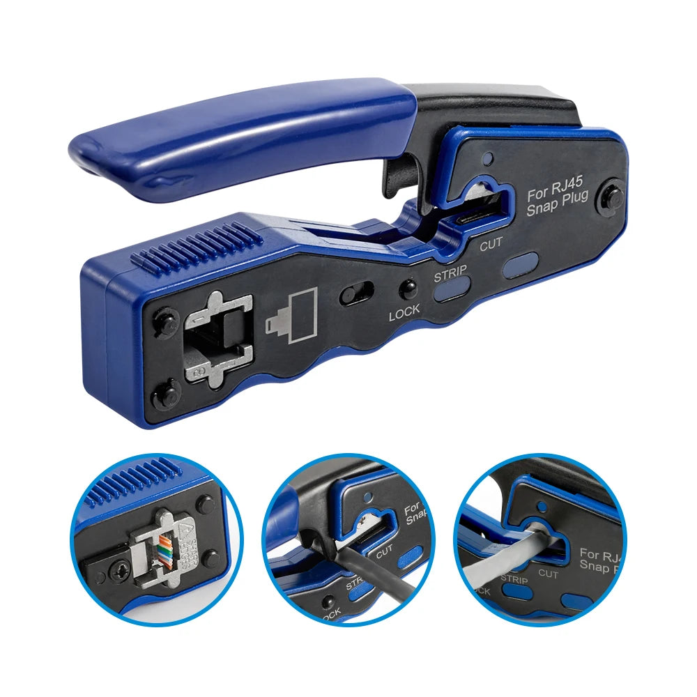 RJ45 Crimp Tool Pass Through Crimper Stripper Cutter for Cat6a Cat6 Cat5 8P8C Modular Connector Ethernet All-in-one Wire Tool