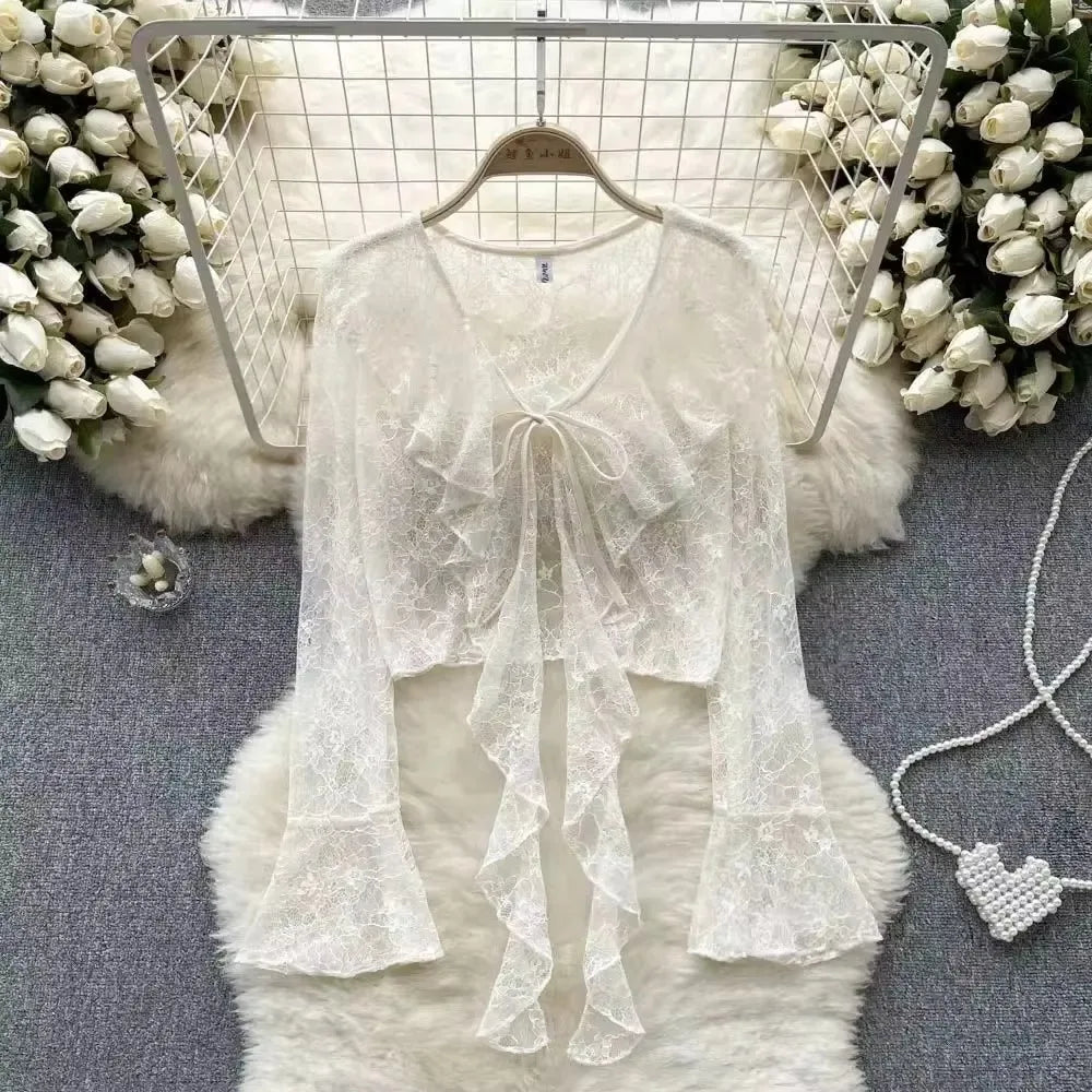 Women's Lace Cover Up Cardigan Cropped Tie Front Bell Sleeves Blouse Lightweight Shawl Jacket Outwear Blouse For Covers Clothing