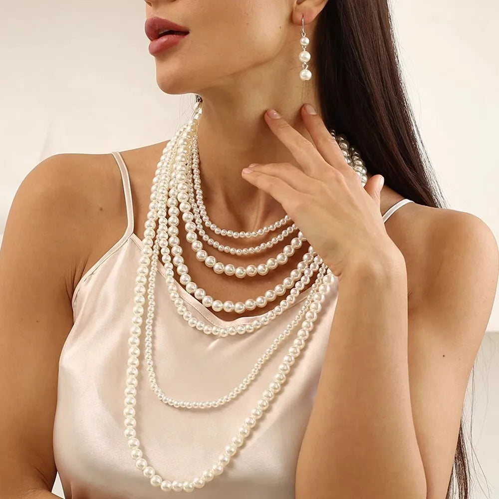 Fashiona Elegant Multi-layer Imitation Pearl Handmade Beaded Statement Necklace Women Wedding Party Accessories Sweater Chain
