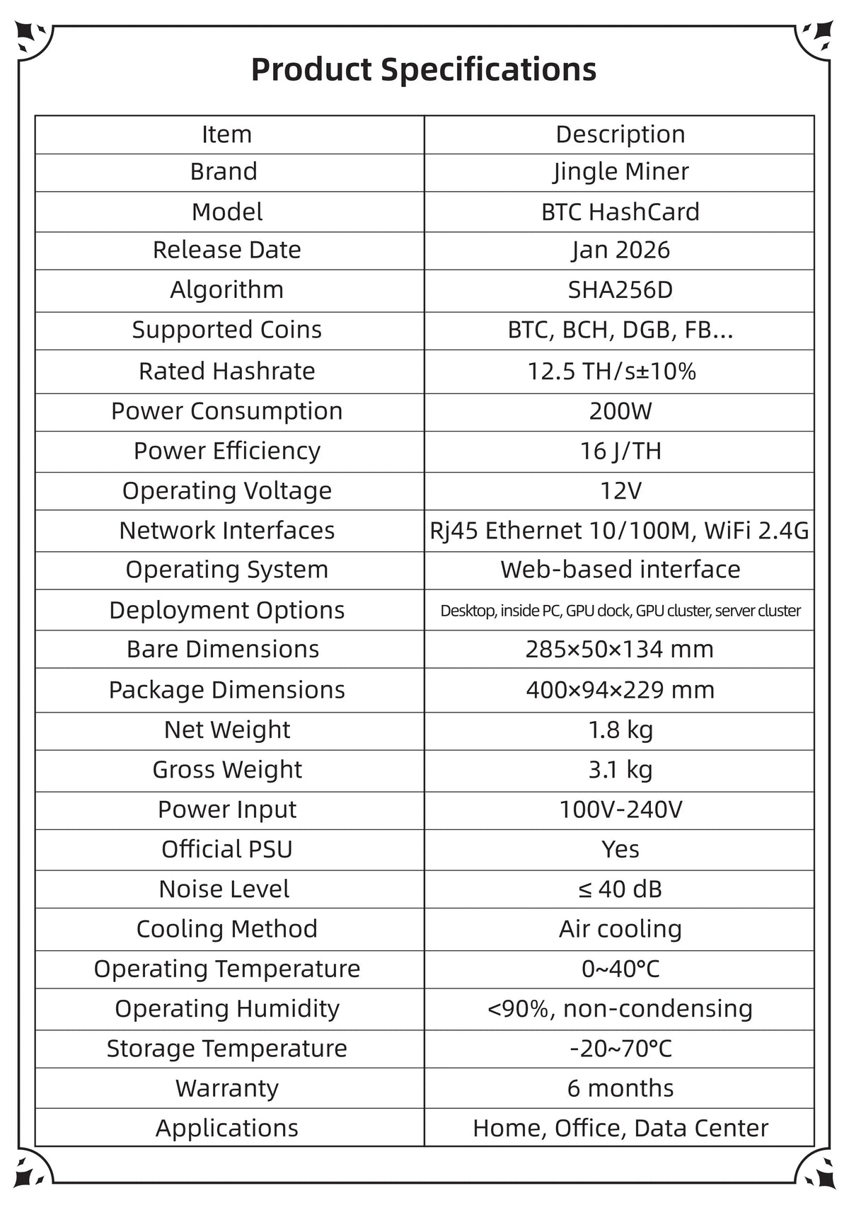 New Jingle Miner BTC Hashcard 12.5Th/s BTC Miner Magic Miner WIFI Home Mining 200W Low Power Quiet SHA-256 Miner Bitcoin Miner