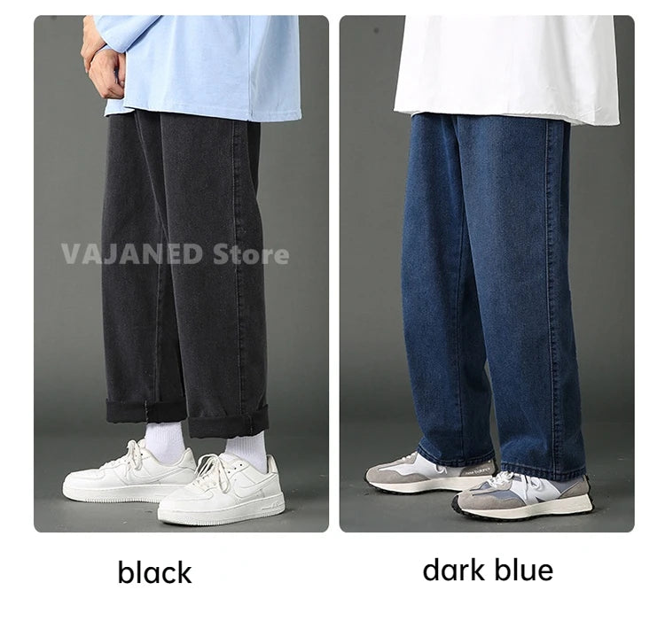 New Street Casual Baggy Jeans Men's Korean Fashion Hip Hop Straight Wide Leg  Trousers Couple Denim Pants Black Light Blue