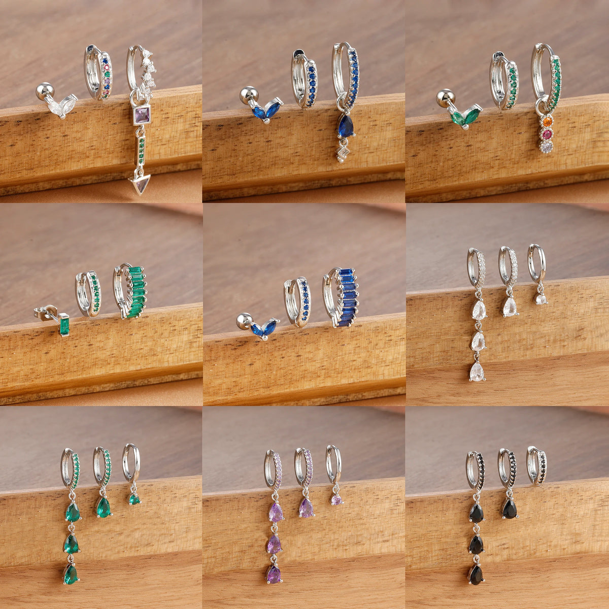 3PCS Dainty Cubic Zirconia Silver Color Punk Earrings Set For Women Stainless Steel Geometry Pendant Cartilage Piercing Jewelry