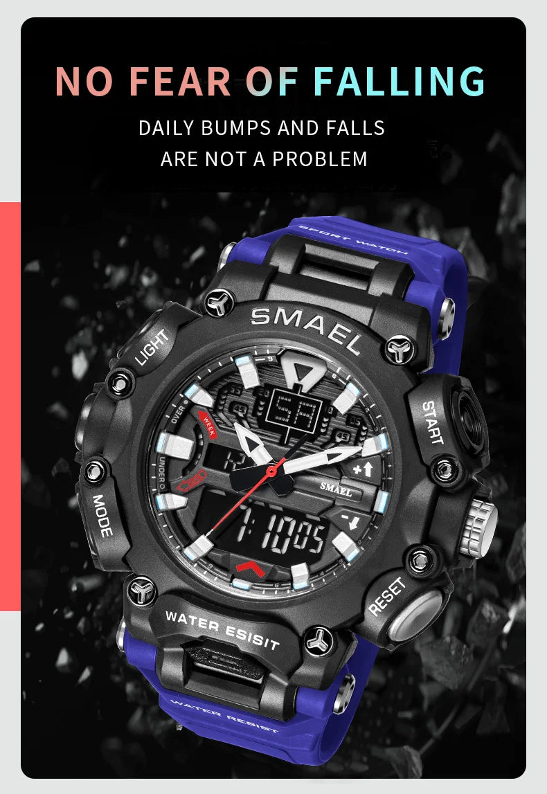Military Watch Sport Waterproof 50M Stopwatch Analog Digital Wristwatches Week Display Alarm Clock 8053 Digital Watches Mens