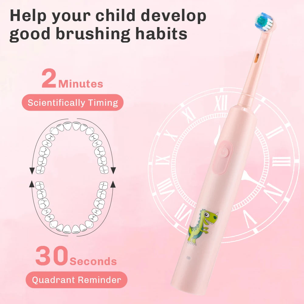 Smart Electric CleaningToothbrush For Children 4Pcs Brush Heads Round Rotating  3 Cleaning Modes Soft Bristles Teeth Brush