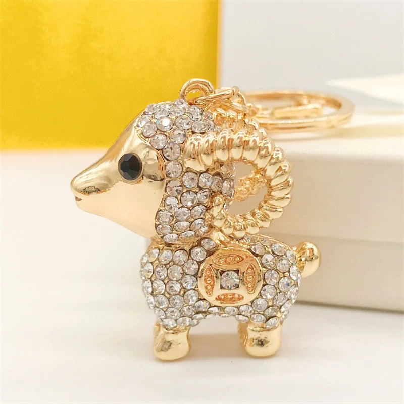Chinese Zodiac Goat Sheep Lovely Crystal Charm Purse Handbag Car Key Keyring Keychain Party Wedding Birthday Gift