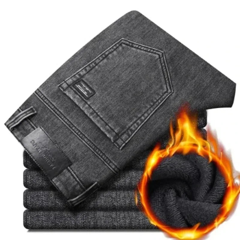 2025 New Winter Men Black Straight Stretch Denim Thick Velvet Pants Warm Jeans Casual Fleece Line Trousers Male Plus Size