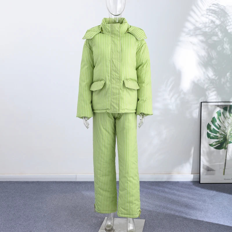Chic Striped Hooded Puffer Coat Set Women Quilted Full Sleeve Zip Jacket Wide Leg Pants 2026 New Lady Autumn Winter Warm Outfit