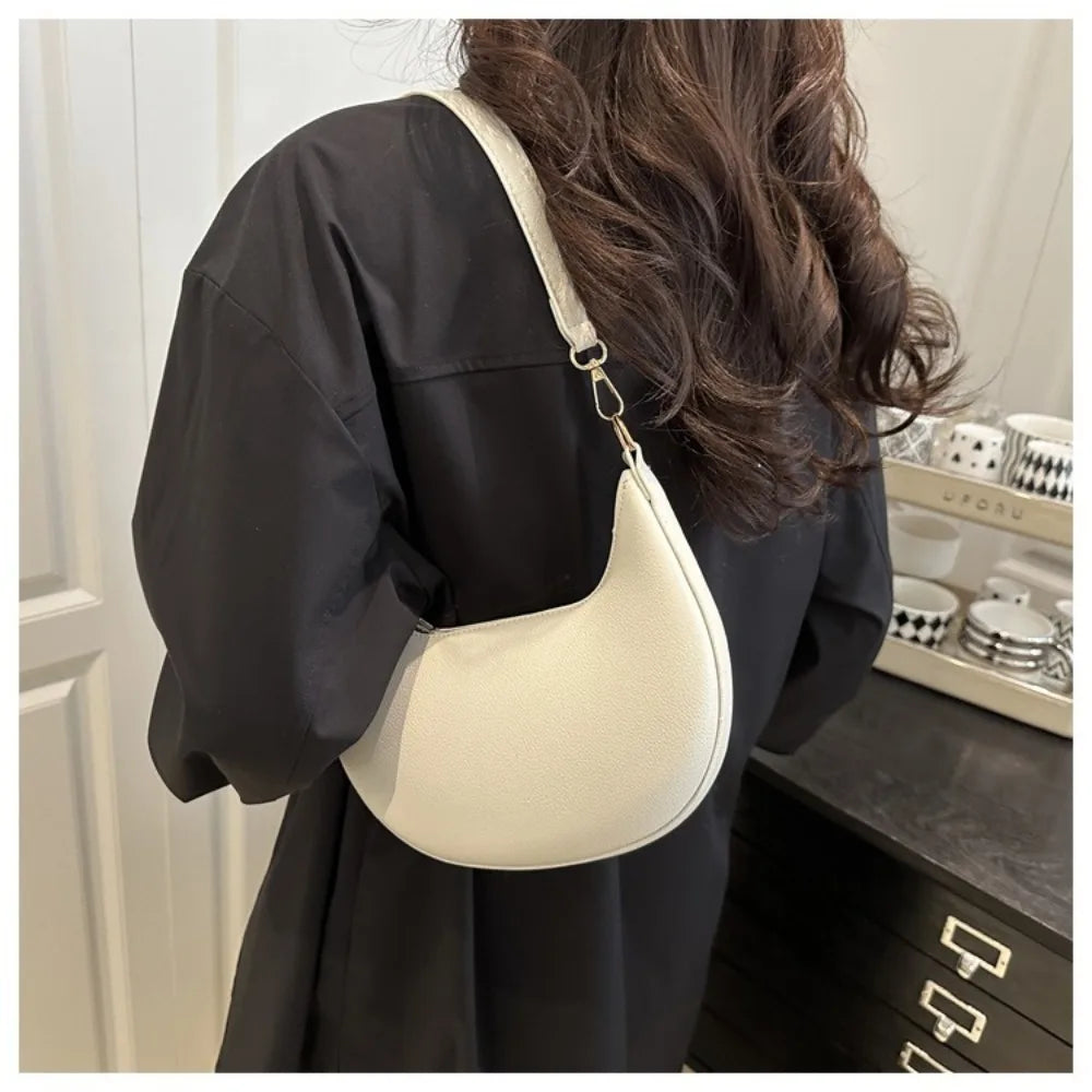 Casual PU Leather Shoulder Bag Moon-shaped Large Capacity Underarm Bag Solid Color Tote Handbag Women's Handbags