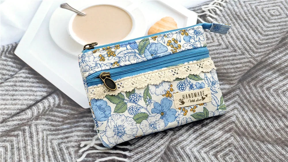 New Fashion Flower Multi-layer Cotton Fabric Coin Purse Women Card Wallet Small Change Bag Retro Canvas Female Hand Purses Pouch