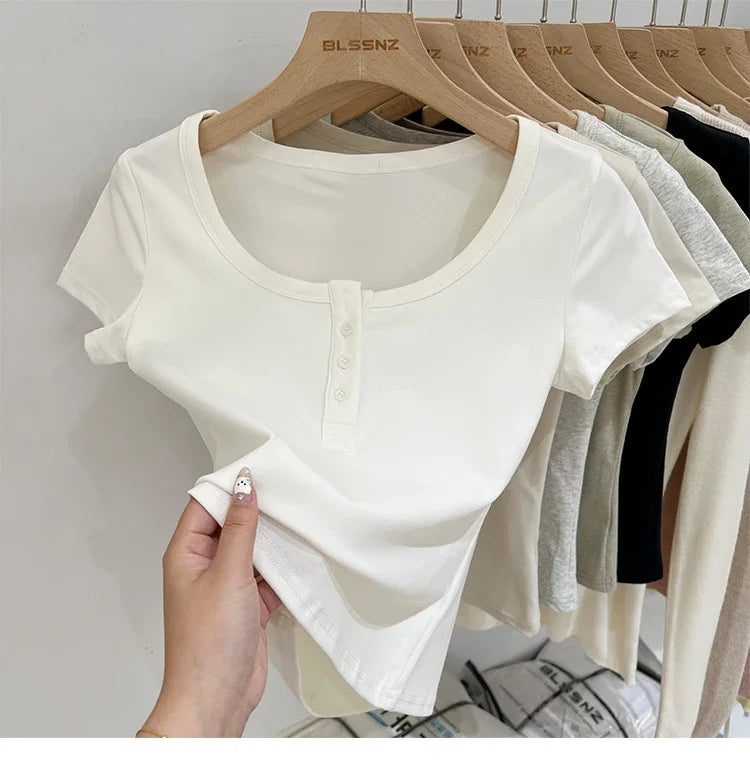 Women T Shirt Button T-Shirt Woman Clothes Tops Cotton Slim Tshirt Female Short Sleeve Top Summer Tee Sexy Canale Y2k