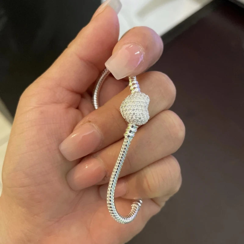 Big Sale Fine DIY Bracelet Bangle for women Silver Color Heart Clasp Snake Chain Fit Bead Bracelet Jewelry