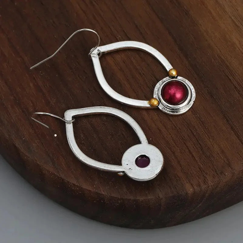 Vintage Red Stone Pendant ladies' Earrings Oval Antique Metal Jewelry