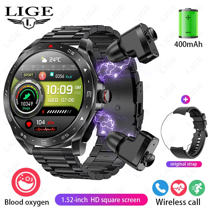Smart Watch with Earbuds 1.52 inch HD Screen Fitness Tracker Sleep Monitor Pedometer All-in-one Local Music TWS Music Smartwatch