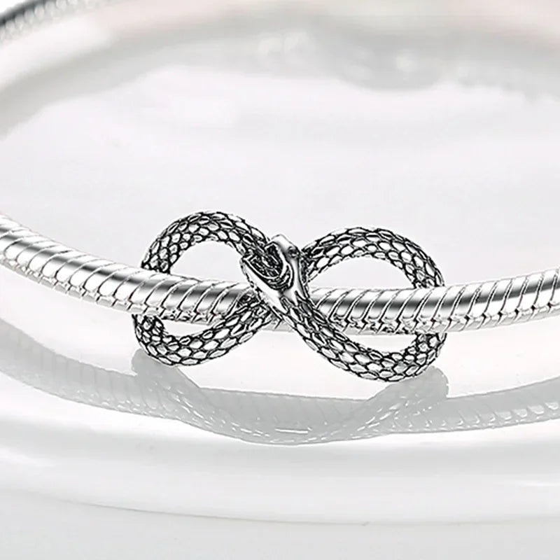 Original Inlaid Zircon Charm Beads 925 Silver Color Love Heart Snake Dangle Bead Fit Bangle Bracelet Pendant Jewelry Fine Gift