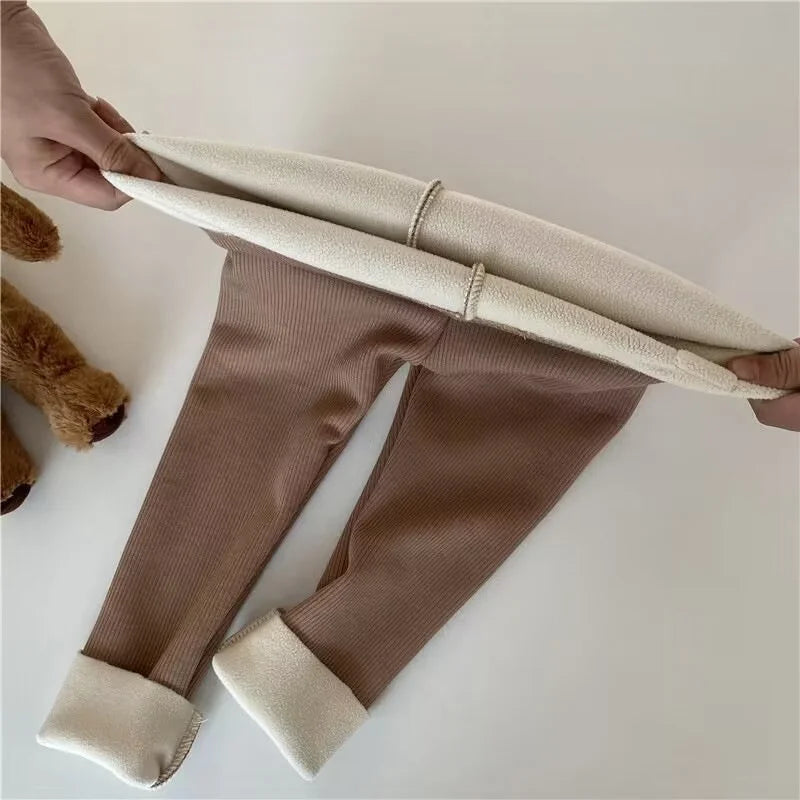 Autumn Girl's Leggings Fleece Lined Kid's Trousers Cartoon Bear Elastic Skinny Warm Pants for Girls