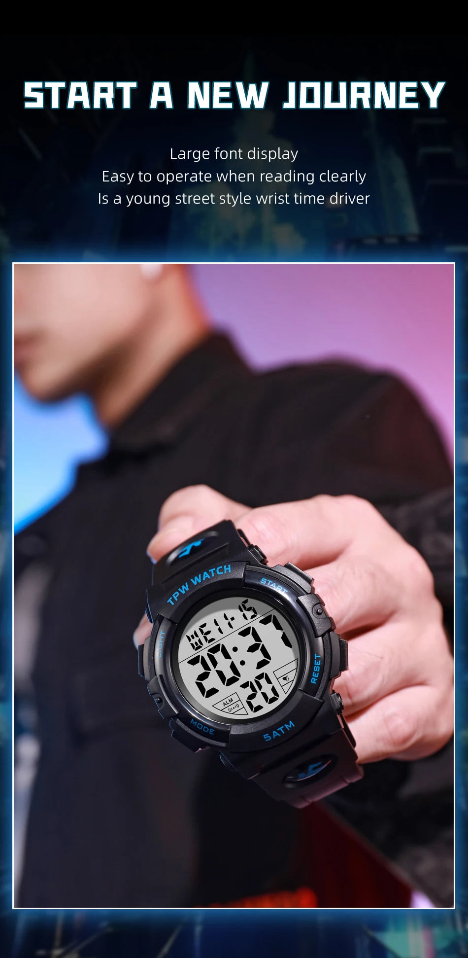 TPW Digital Watch with Big Numbers 5ATM Water Resistant Day Date Alarm Function Adventure Watch