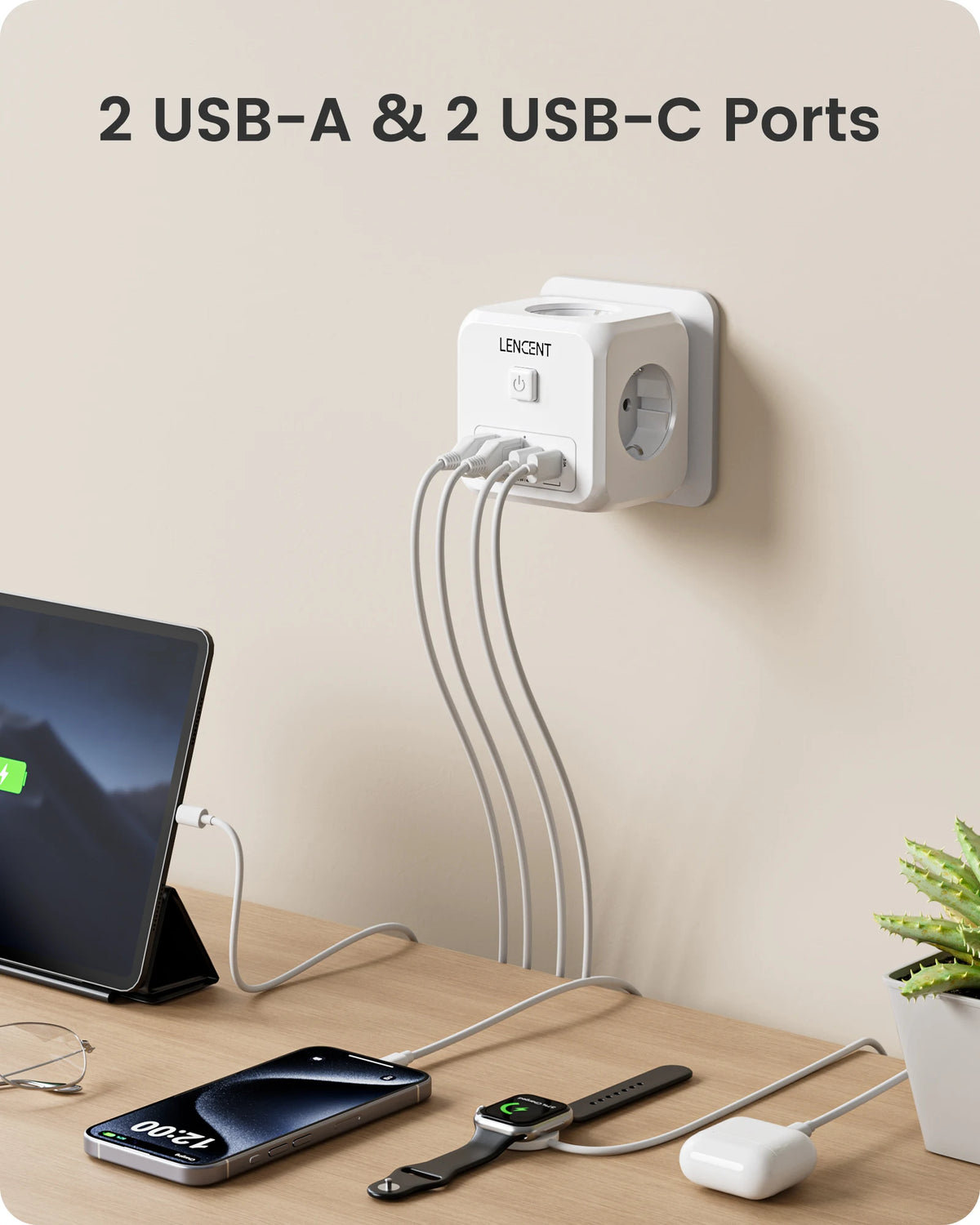 LENCENT 7-in-1 EU Plug Wall Socket Extender with 3AC Outlets+ 2 USB-A+2 USB-C Cube Socket On/Off Switch Adapter for Home