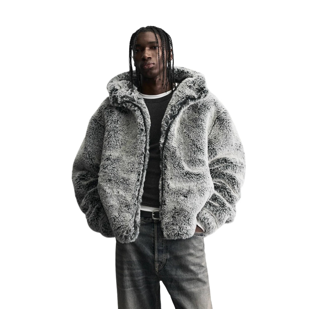 Men's Fashion Luxury Faux Fur Overcoat Winter Warm Hooded Windproof Fur Jacket Thick Thermal Parkas Outerwear For Male