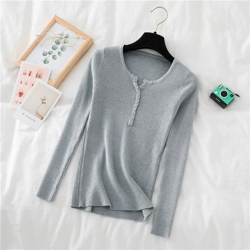 2026 Autumn Winter Button V Neck Sweater Women Basic Slim Pullover Women Sweaters And Pullovers Knit Jumper Soft Warm Tops