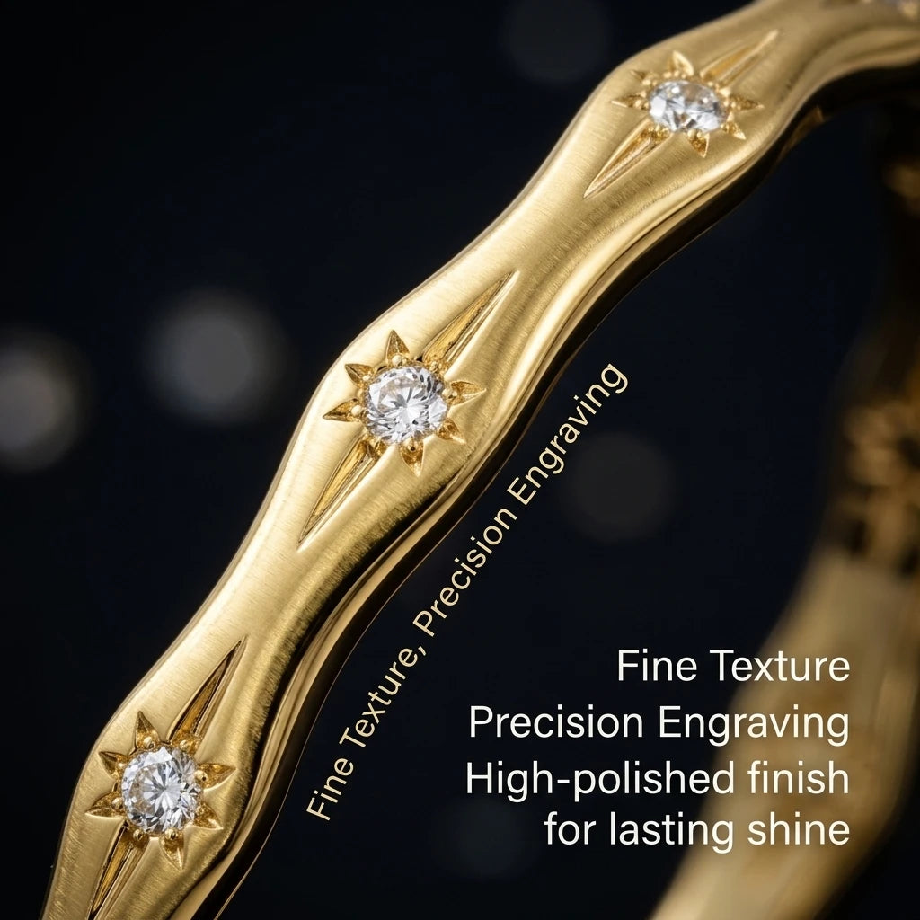 Gold Color Snap-on Sun Zircon Bangle, Luxury Stainless Steel Bracelet for Women, Fashion Jewelry Gift 60mm