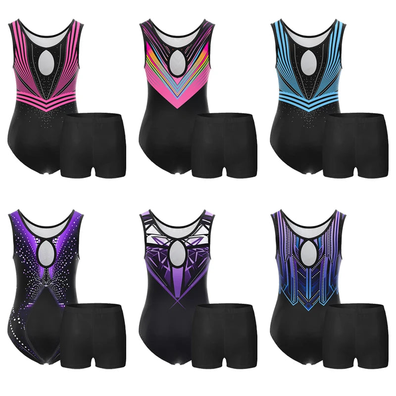 4 Piece Gymnastics Leotards for Girls Sleeveless Athletic Biketard Kids Water-drop Back Unitard Tumbling  Activewear Outfits