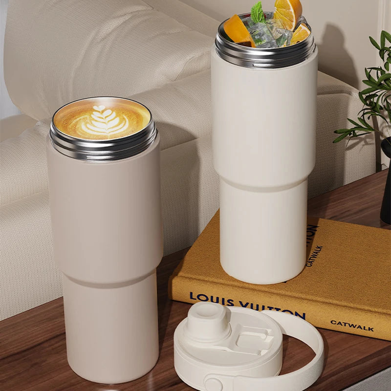 Ceramic Tumbler with Handle Thermal Mug Large 24OZ Straw Portable Cold Coffee Thermos Lined Insulated Vacuum Flask Travel Bottle