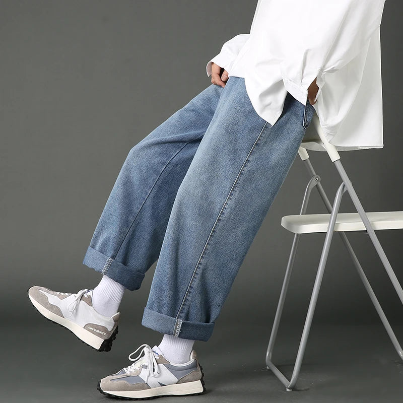 New Street Casual Baggy Jeans Men's Korean Fashion Hip Hop Straight Wide Leg  Trousers Couple Denim Pants Black Light Blue