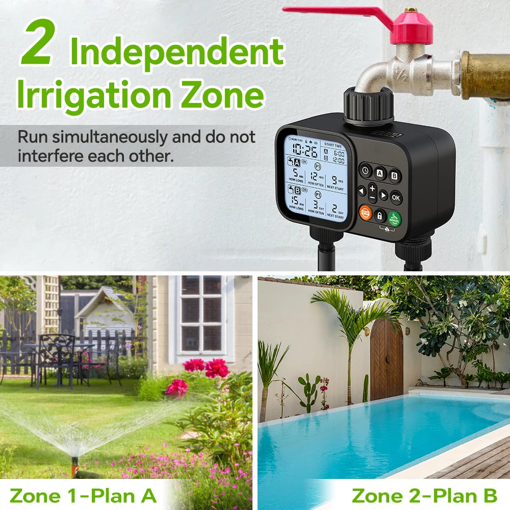 Smart 2-Outlet Irrigation Timer with Backlit LCD Display Rain Sensor for Outdoor Garden Automatic Irrigation Watering System