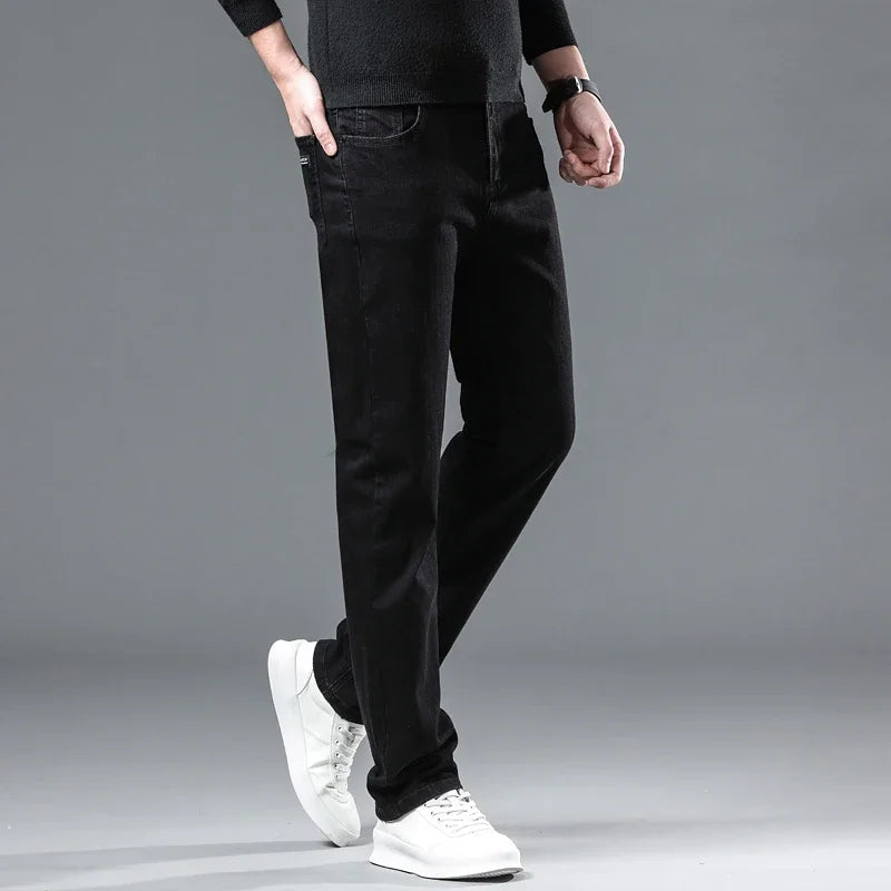 2025 New Winter Men Black Straight Stretch Denim Thick Velvet Pants Warm Jeans Casual Fleece Line Trousers Male Plus Size