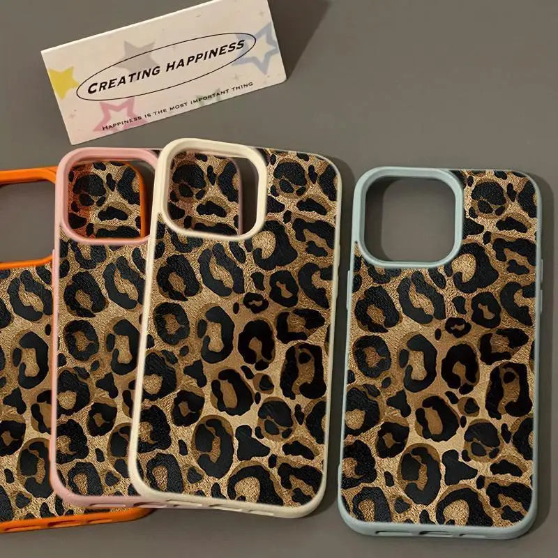 INS Brown Leopard Print Y2K Phone Case For iPhone 16 15 14 13 12 11 Pro Max Plus X XR XSMax Soft TPU Imitation Leather Cover