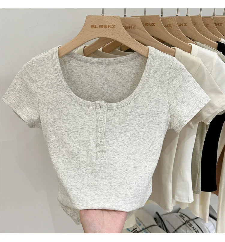 Women T Shirt Button T-Shirt Woman Clothes Tops Cotton Slim Tshirt Female Short Sleeve Top Summer Tee Sexy Canale Y2k