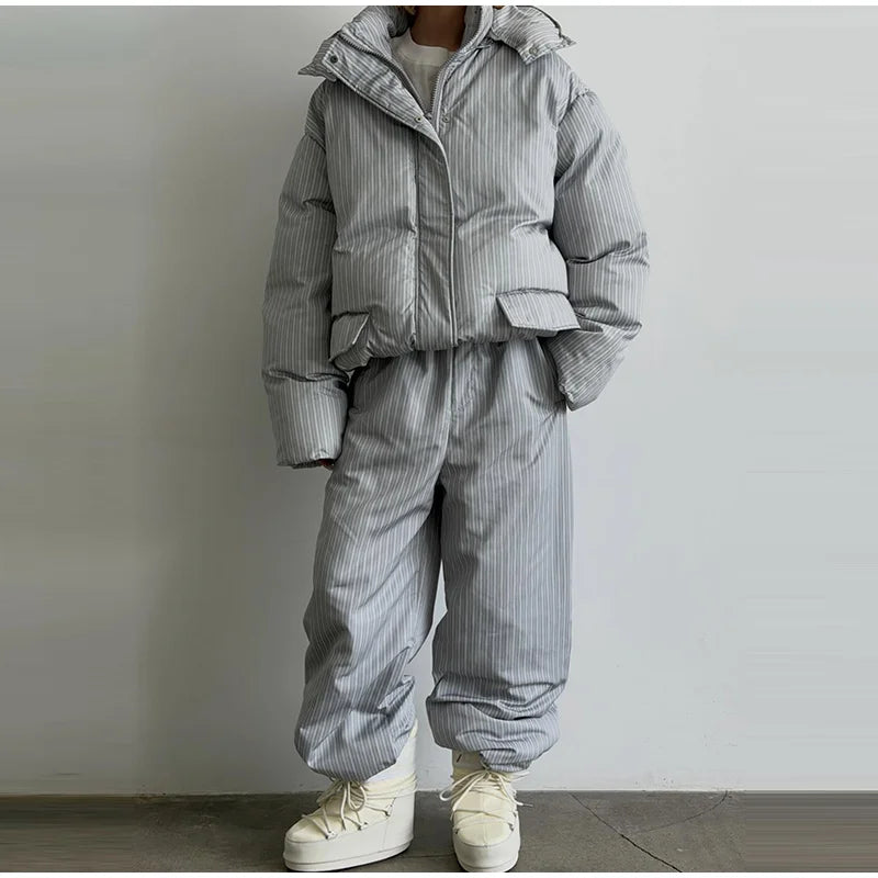 Chic Striped Hooded Puffer Coat Set Women Quilted Full Sleeve Zip Jacket Wide Leg Pants 2026 New Lady Autumn Winter Warm Outfit