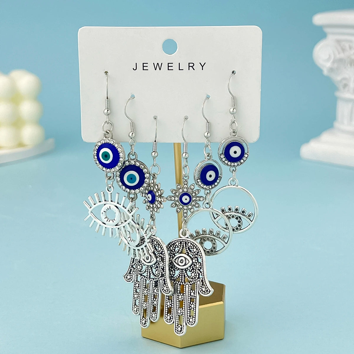 3 Pair Bohemian Vintage Silvery Color Hand Of Hamsa Devil's Eye Design Dangle Earrings Retro Ethnic Style Jewelry Accessories