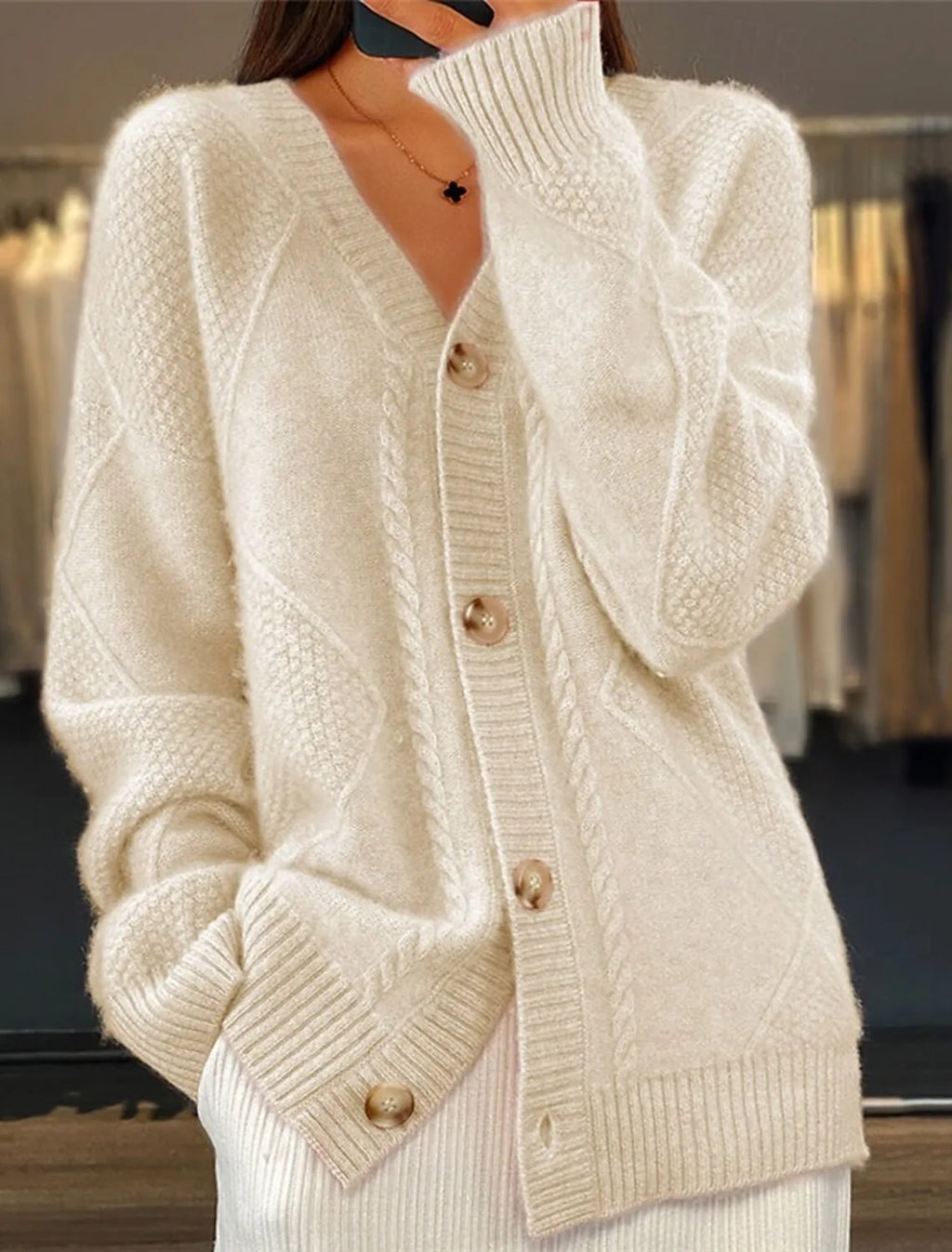 Women V Neck Cable Knit Cardigan Fuzzy Soft Long Sleeve Button Down Loose Casual Fall Winter Pocket Sweater Coat