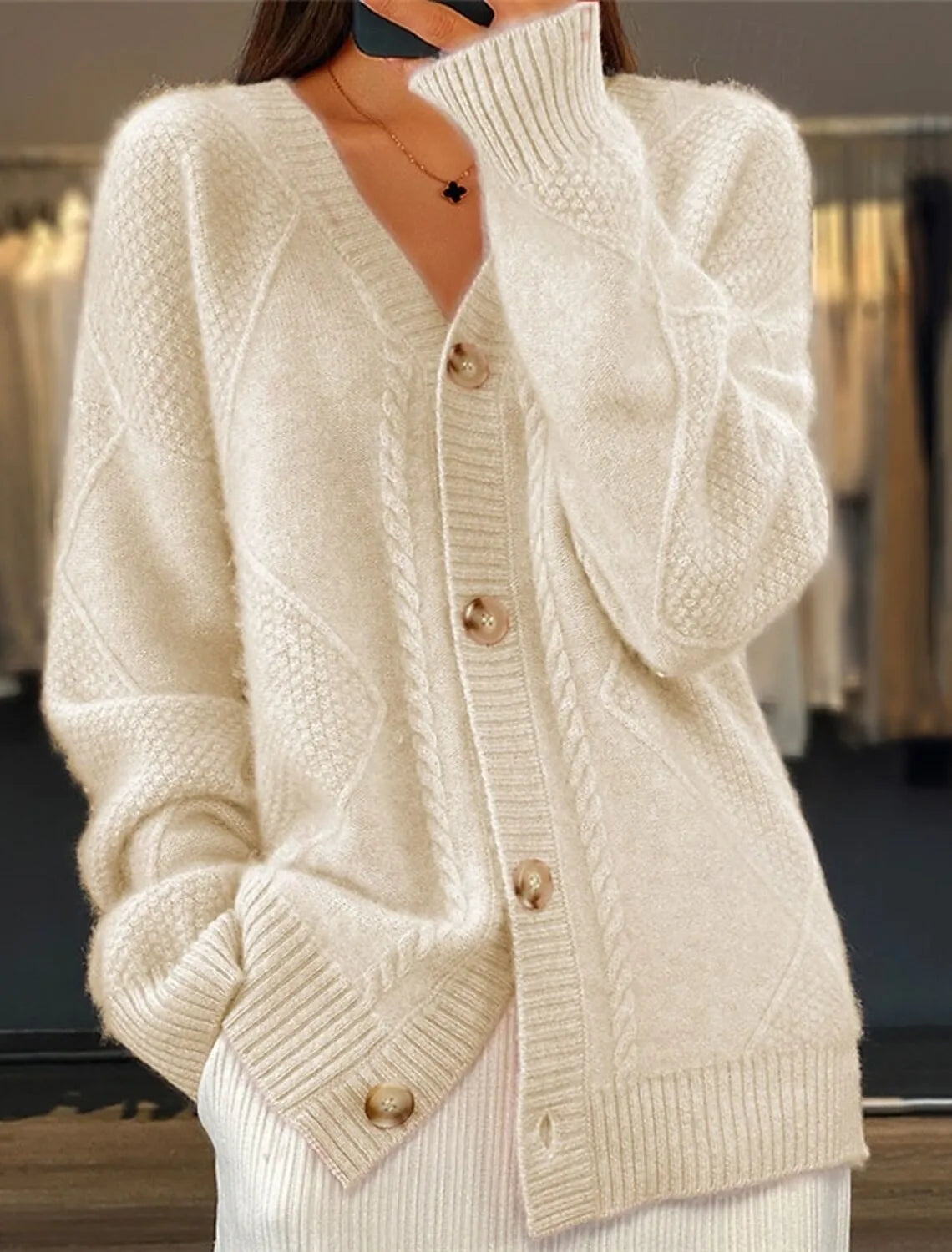 Women V Neck Cable Knit Cardigan Fuzzy Soft Long Sleeve Button Down Loose Casual Fall Winter Pocket Sweater Coat