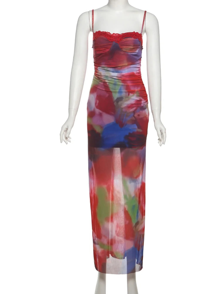 Weird Puss Colorful Print Maxi Dress Patchwork Lace Mesh Low-Neck Sleeveless Backless Summer Trend Vacation Clubwear Vestidos