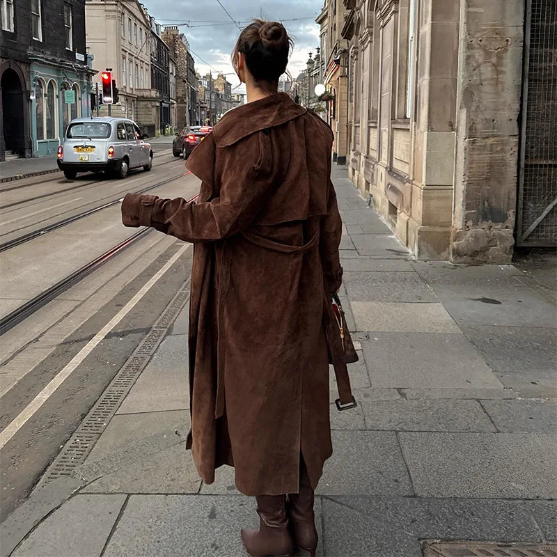 Women's Vintage Brown Suede Trench Coat Long Belted Overcoat Retro Windbreaker Fashion Female Date Commuter Streetwear Outerwear