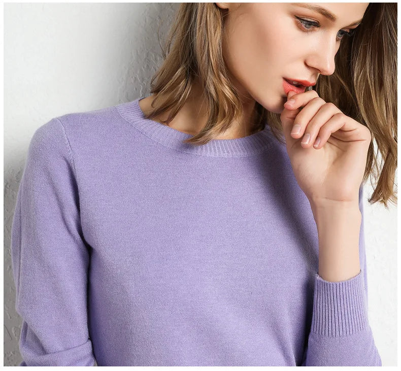 Women Slim O-Neck Solid Pullover Cashmere Wool Blending Sweater Autumn And Winter Long-Sleeved Knit Bottoming Shirt Large Size