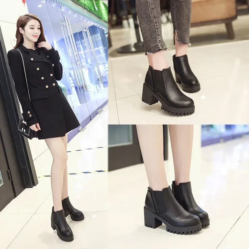 New Autumn and Winter Casual Thick Heel Solid Color Fashion Women's Boots Comfortable Round Toe Warm High Heels