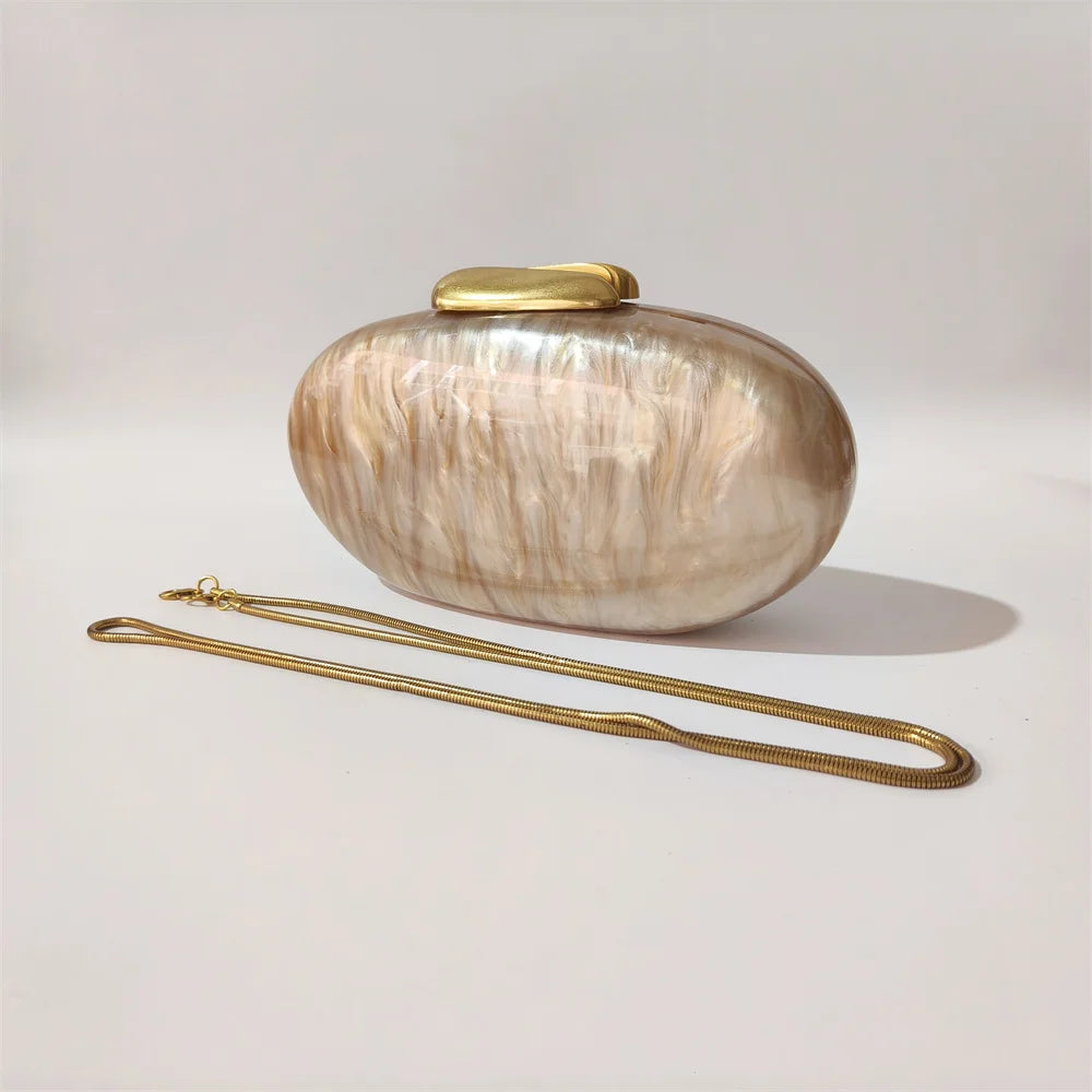 Lady Pearl Marble Brown Shell Egg Acrylic Box Clutch Purse Women Evening Purses Wedding Handbags Female Shoulder Bags Day Clutch