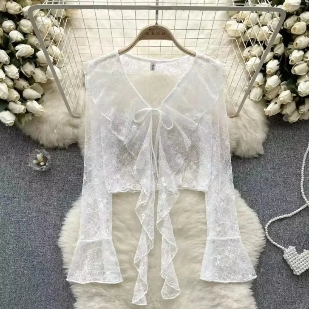 Women's Lace Cover Up Cardigan Cropped Tie Front Bell Sleeves Blouse Lightweight Shawl Jacket Outwear Blouse For Covers Clothing