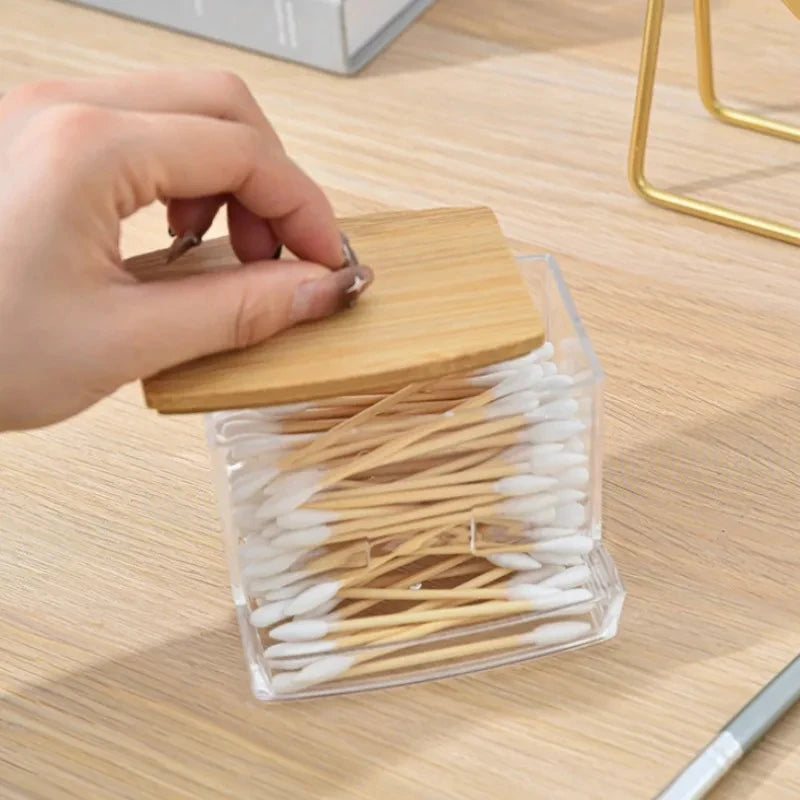 Cotton Swab Storage Box Double Head Wood Baby Cotton Swabs Transparent Square Bamboo Cover Cotton Buds Toothpick Organizer