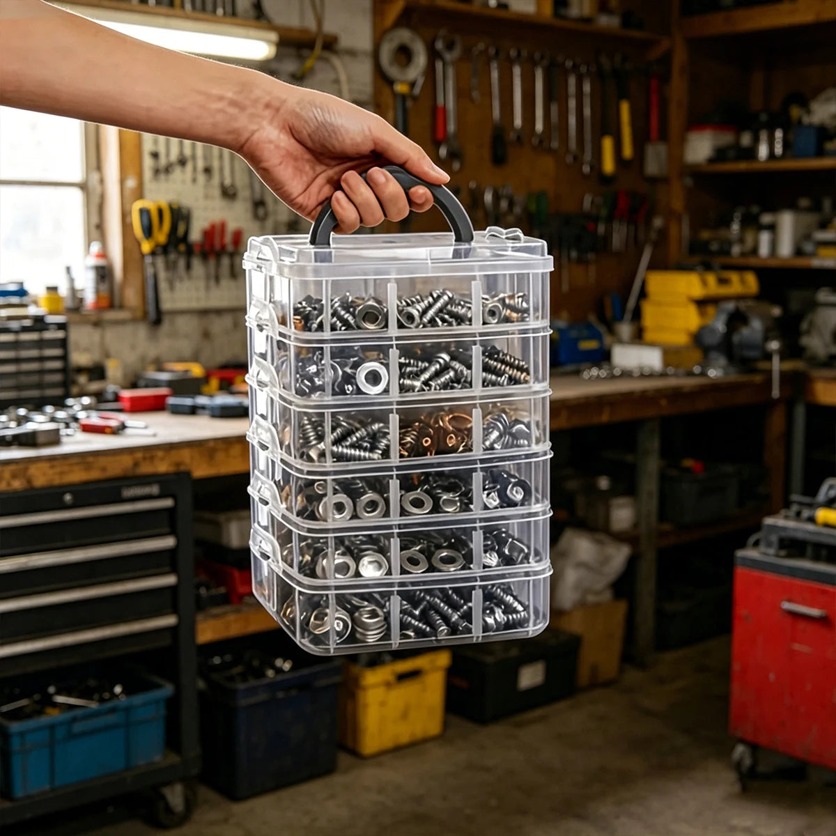1pc Stackable Plastic Hardware Storage BoxDesktop Multi Grid Screw Bolt Parts Sorting Box Portable Multi Functional Handheld Box