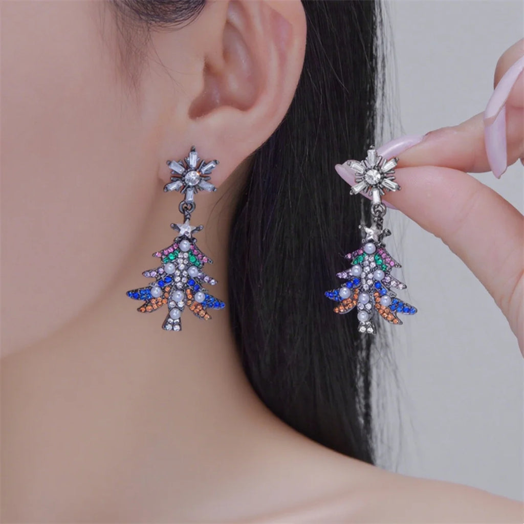 Christmas Earrings Rhinestone Imitation Pearl Snowflake Xmas Tree Star Bell Drop Holiday Dangle Party Jewelry Gift For Women Men