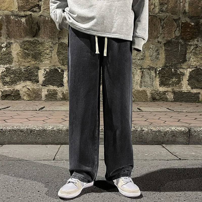 Korean Fashion Men's Baggy Jeans Elastic Waist  Classic olid Color Straight-leg Denim Wide-leg Pants Male Light Blue Grey Black