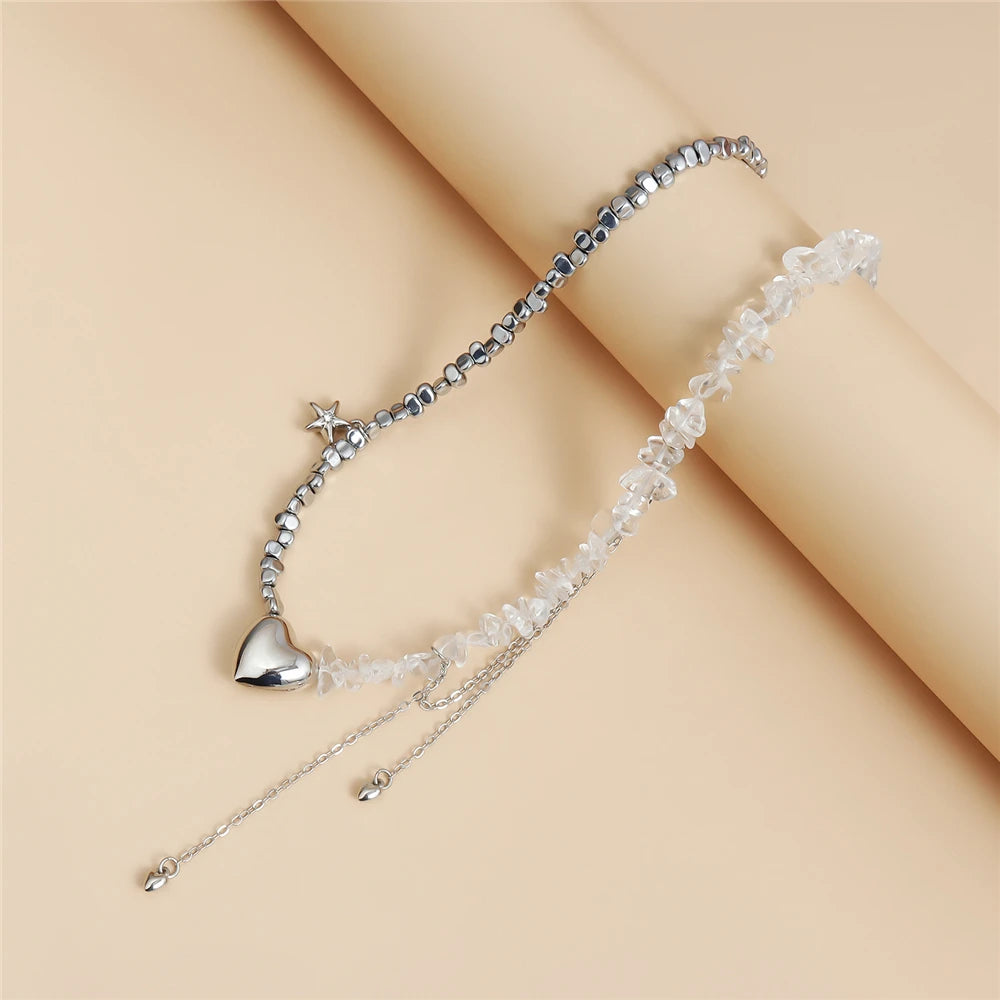 Trendy Irregular Crystal Beaded Necklace INS Style Elegant Starfish Tassel Necklace Luxury Heart Pendant Choker for Women