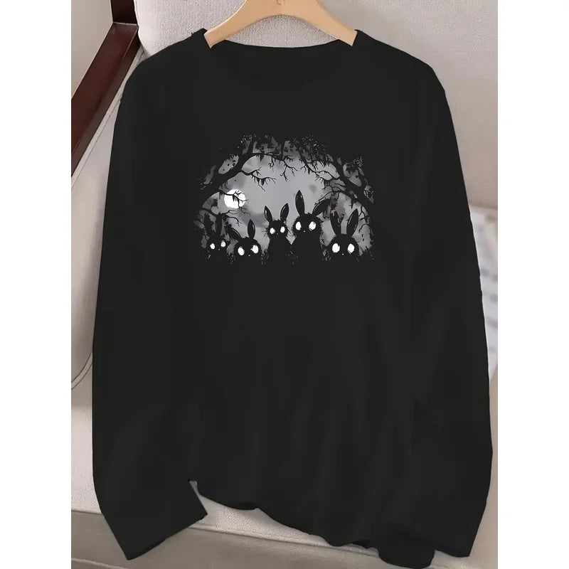 Women's T-Shirt - Gothic Rabbit Print, Casual Round Neck Long Sleeve Top, Machine Washable - All-Season Wear,