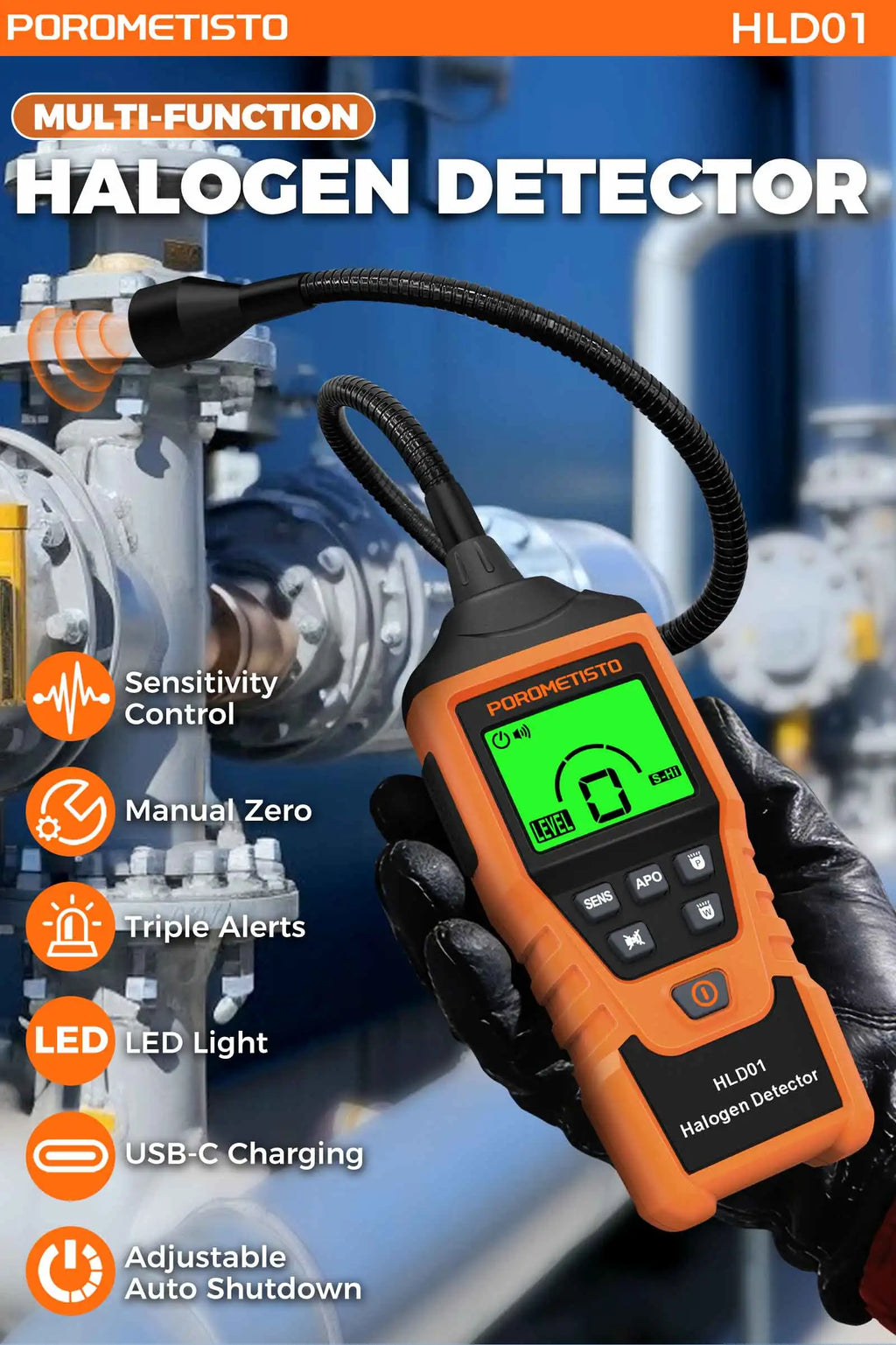 HLD01 Halogen Gas Leak Detector Rechargeable Level/Audio/Visual Alarms LED Light R134a R22 R12 High Sensitivity Gas Sensor Test